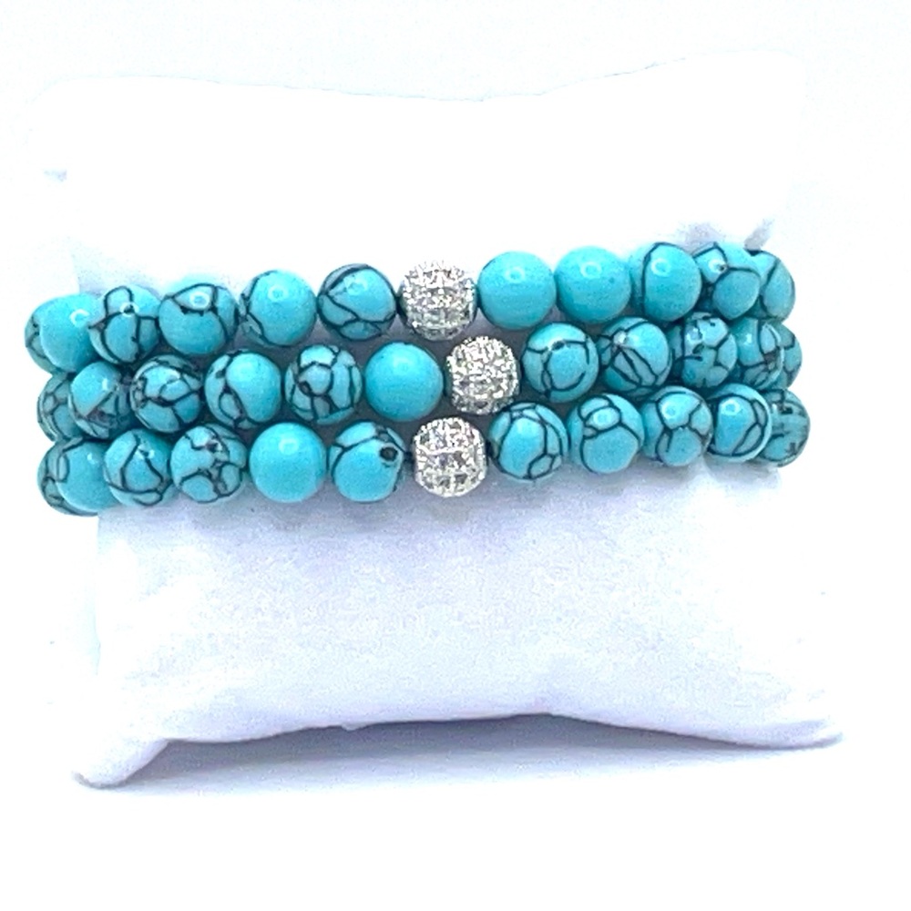 3 Turquoise Beaded Bracelet with adjustable silver backing w/gift box